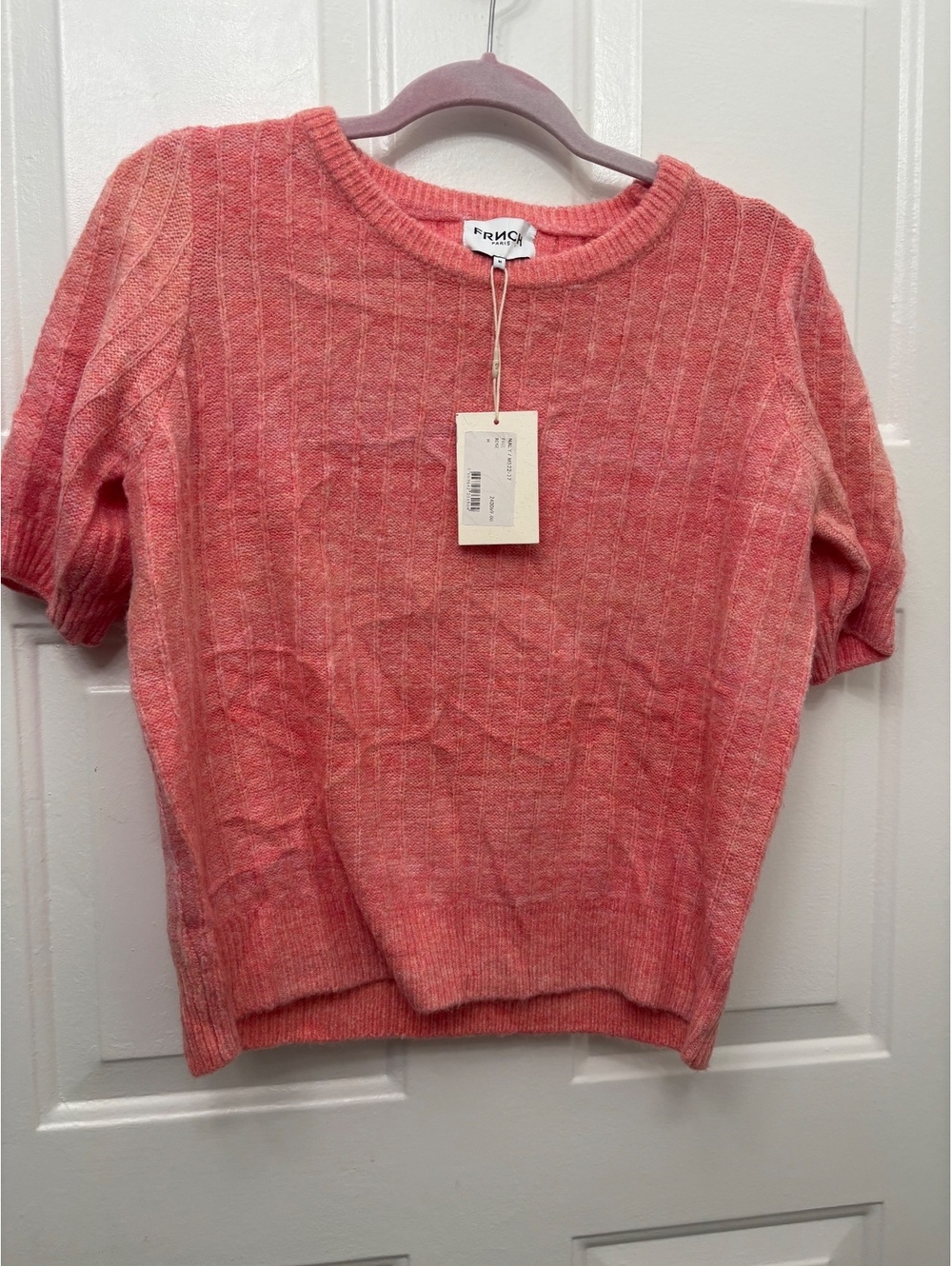 FRNCH Paris Coral Pink Ribbed Short Sleeve Knit Sweater